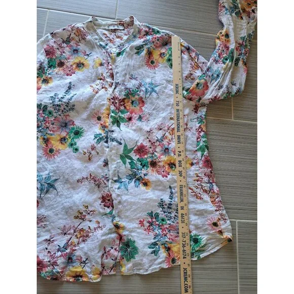 F.K. Italy Linen Floral Button-Up Blouse Mandarin Collar Floral Women XL Summer - Picture 9 of 9